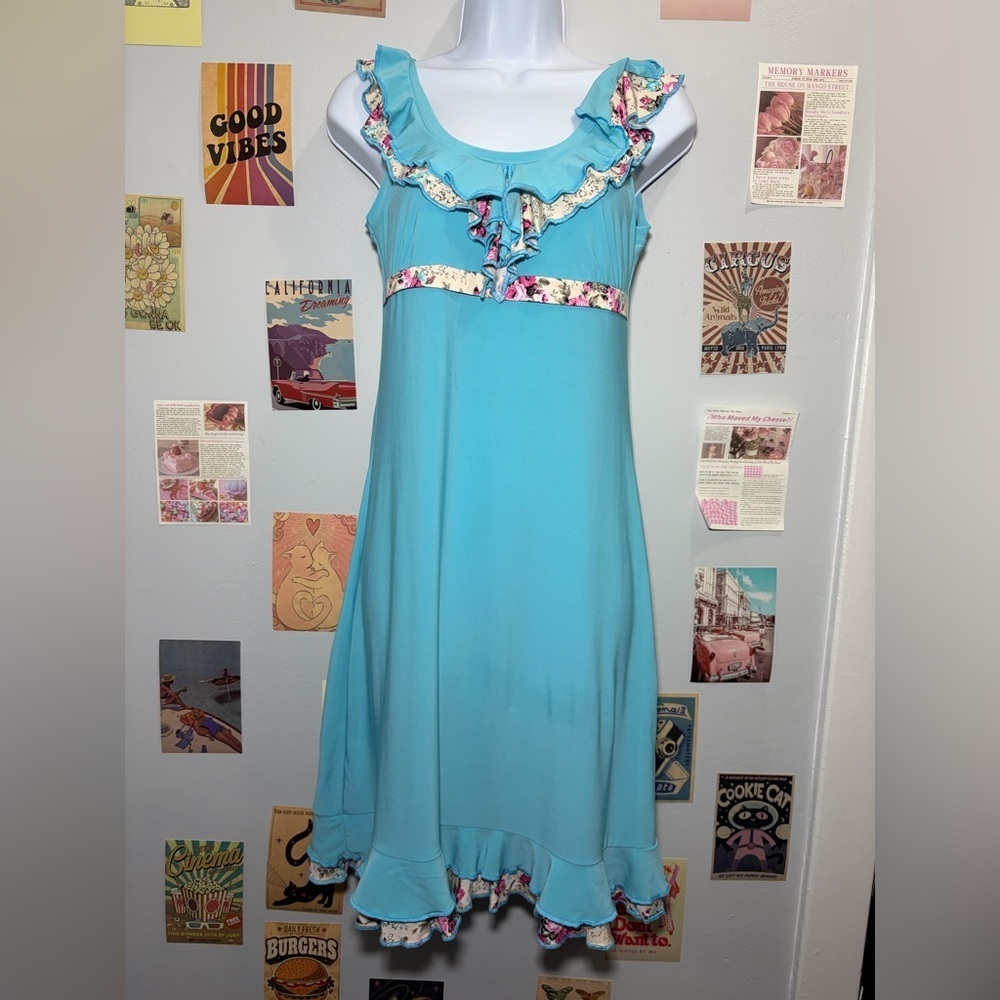 Sleeveless Aqua Ruffle-Trim Midi Dress